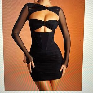 Long sleeved ruched mini dress in black